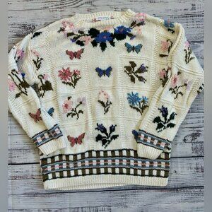 Compagnie Internationale Express Cream Sweater with Floral and Butterfly Pattern